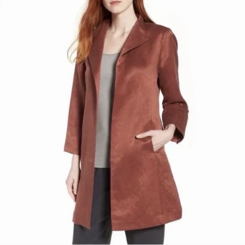 Eileen Fisher Rust Orange Open Long Blazer‎ Jacket Size Large Organic Linen Silk